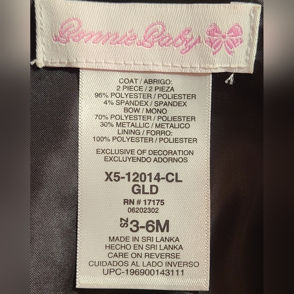 NWT Bonnie Baby size 3-6M black/gold 2-piece coat & dress - Picture 5 of 9